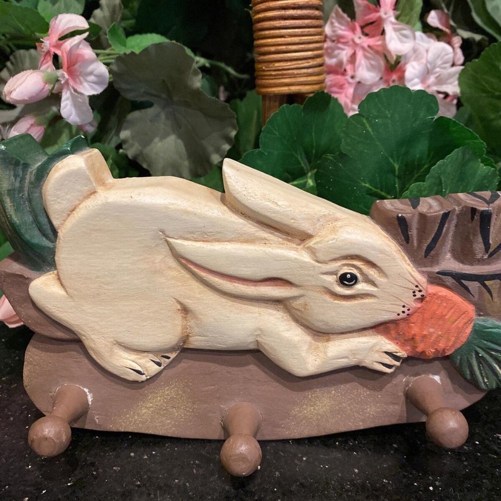 Small Hand Carved Wooden Easter Bunny Rabbit Hand painted. 3 Peg Clothes Hanger.